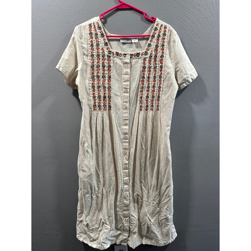 Amanda Stewart Vintage Embroidered Cotton Linen Button Front Midi Dress Tan L